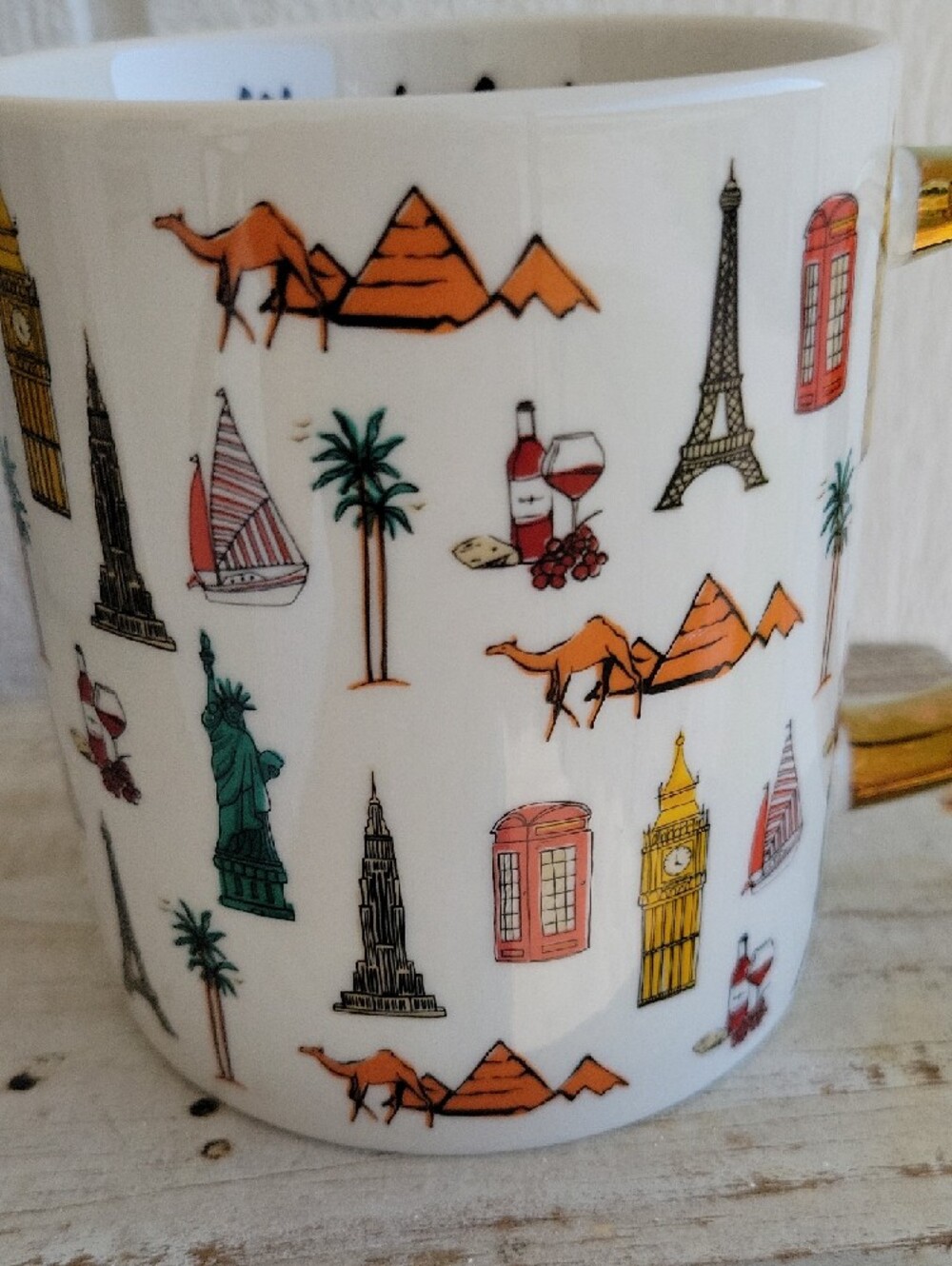 Wanderlust White Stoneware Mug with Gold Handle and Multicolor Travel Icons - Picture 6 of 8